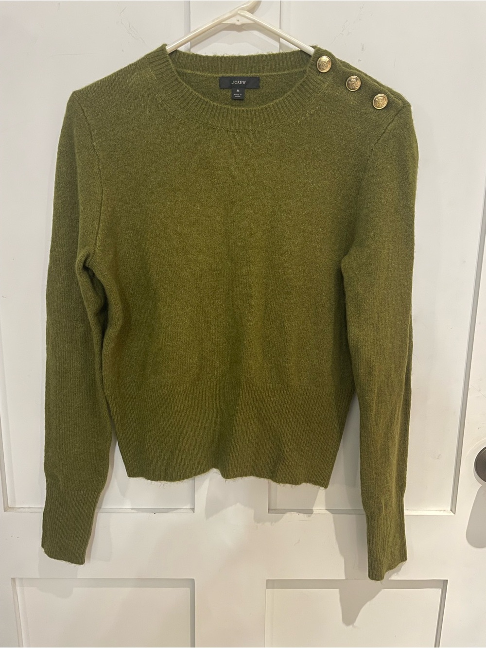 J. Crew Olive Crewneck Sweater with Gold Shoulder Buttons Medium